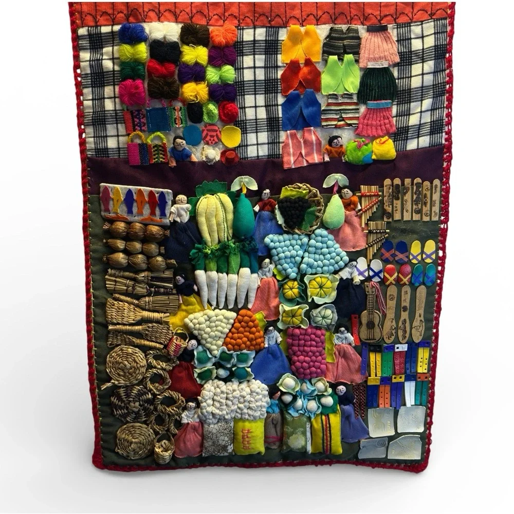Lg. Vtg 3D Peruvian Arpillera Mercado Andean Llama FolkArt Market Tapestry 19x37